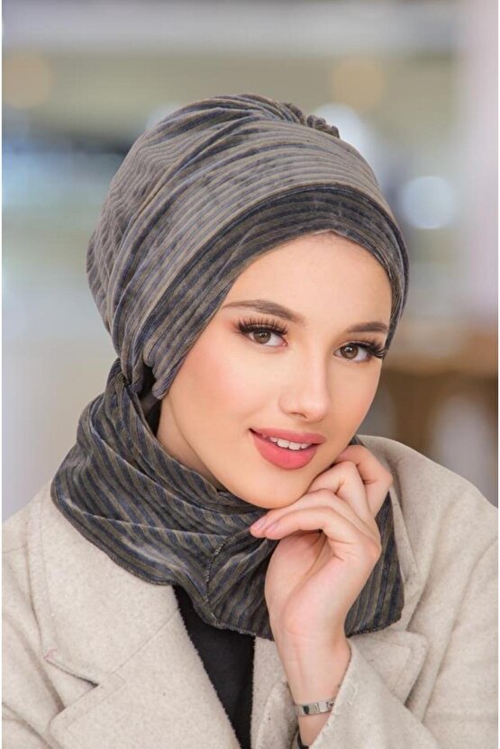 Antrasit Çizgili Kadife Atkılı Tesettür Bone