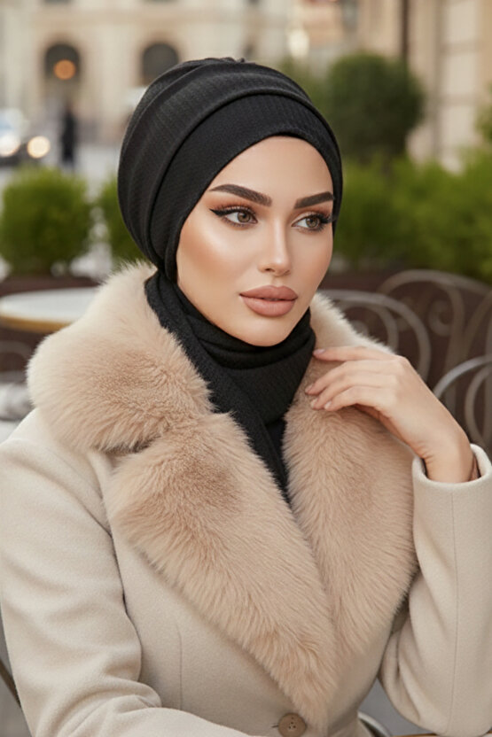 Siyah Triko Atkılı Tesettür Bone