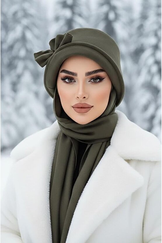 Haki Aksesuarlı Atkılı Vintage Şapka