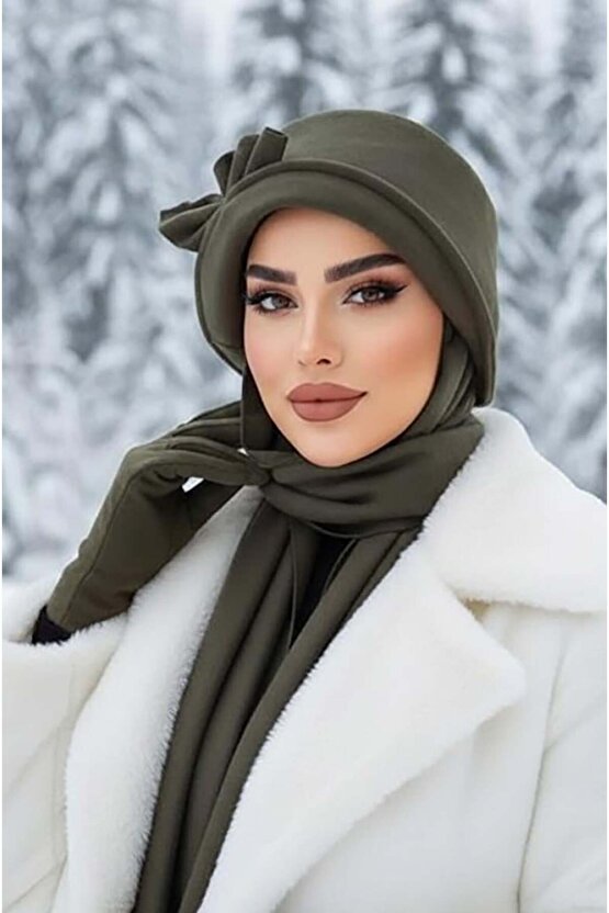 Haki Aksesuarlı Atkılı Vintage Şapka