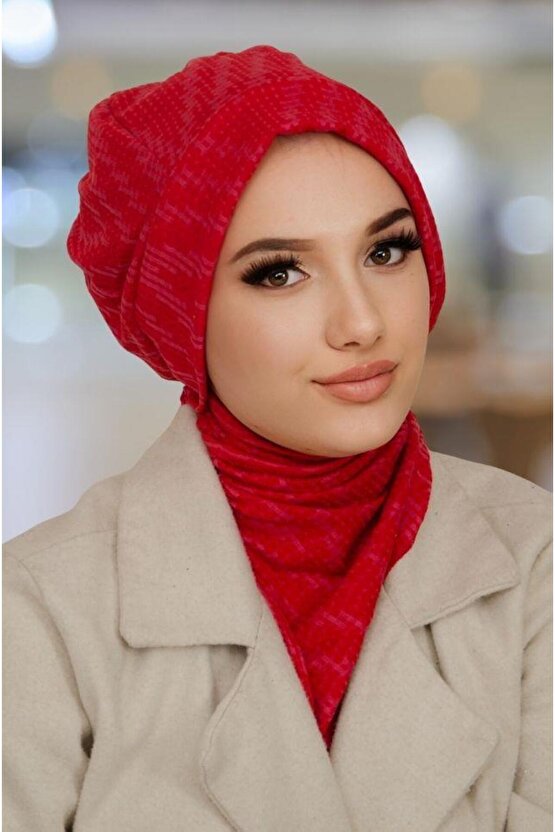 Kırmızı Desen Tesettür Bere ve Etol Takım