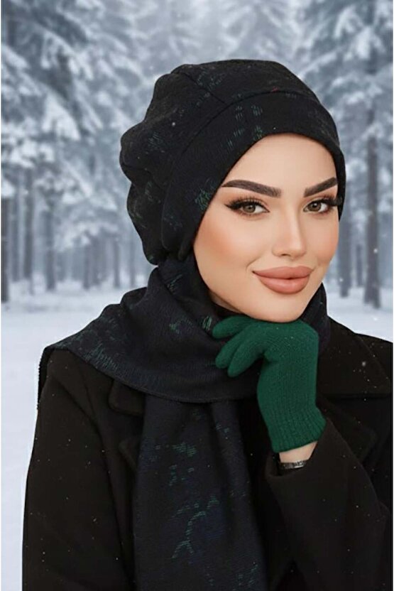Siyah Yeşil Desen Tesettür Bere