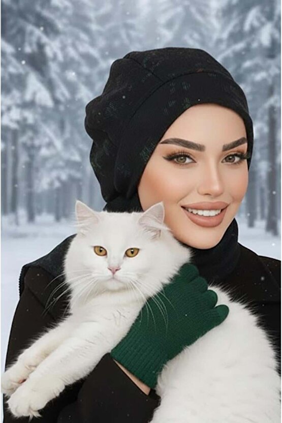 Siyah Yeşil Desen Tesettür Bere