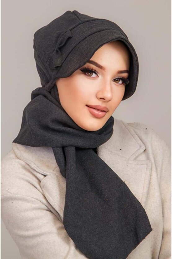 Antrasit Fiyonklu Atkılı Tesettür Şapka