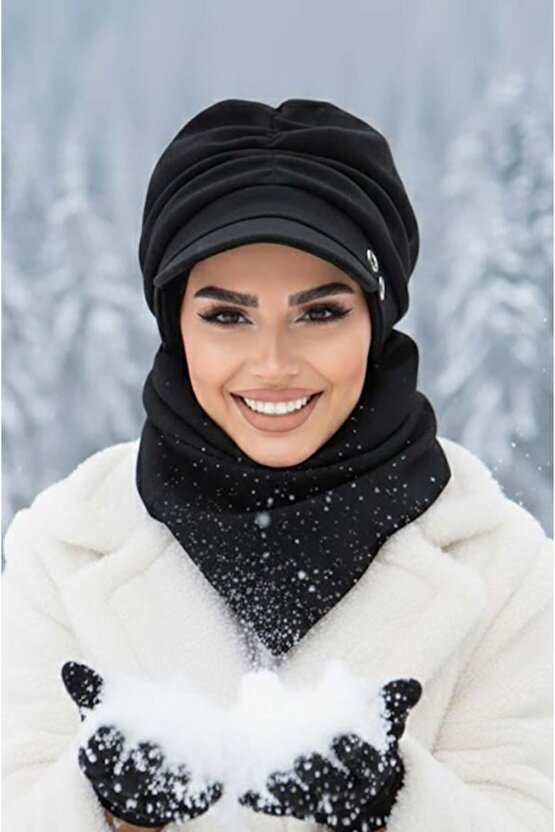 Siyah Büzgülü Tesettür Şapka Ve Etol Takım