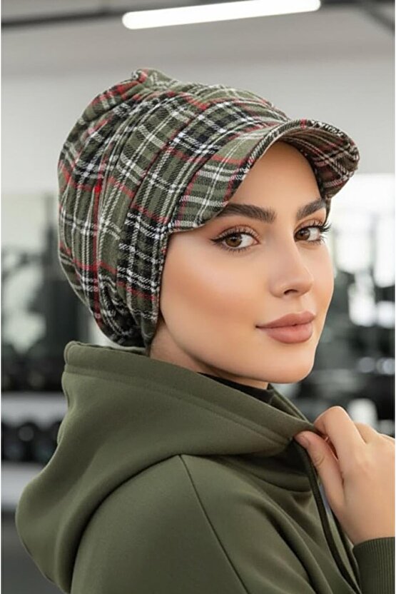 Haki Ekose Desen Tesettür Şapka