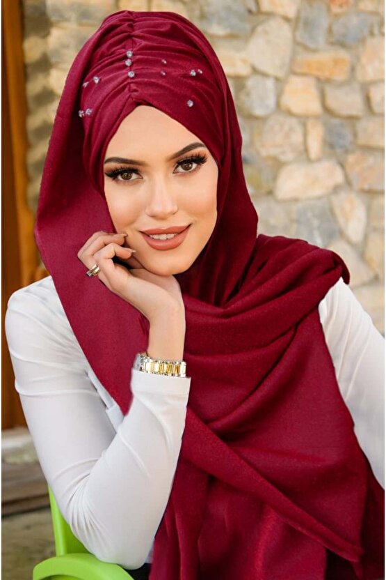 Bordo Işıltılı Taşlı Abiye Şal