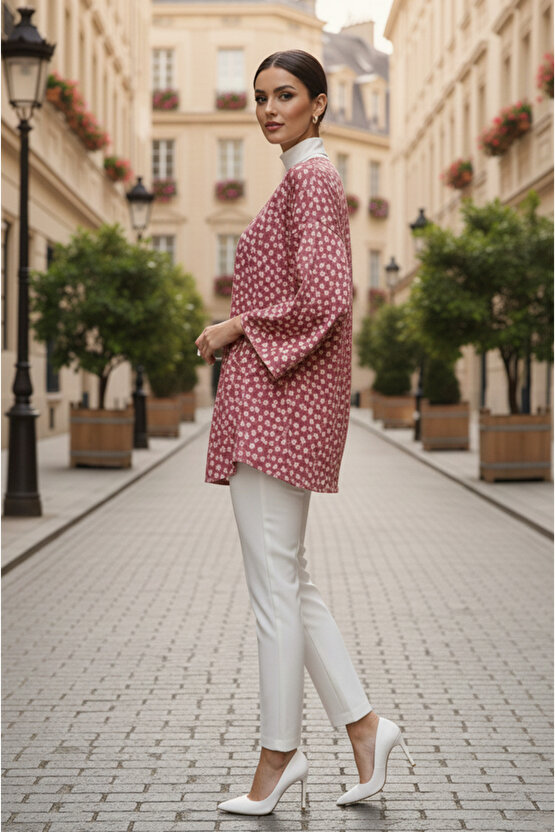 Pudra Çiçekli Önü Bağlamalı Kimono Tunik  Ütü İstemez 85 CM BOY