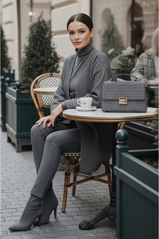 Antrasit Kırçıllı Önü Bağlamalı Kimono Tunik  Likralı Ütü İstemez Kumaş