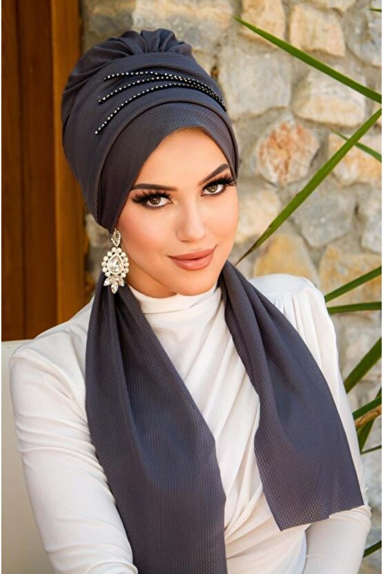 Füme Taşlı Atkılı Abiye Bone