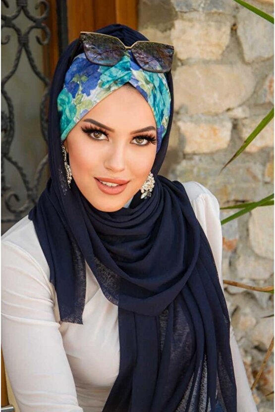 Lacivert Turkuaz Çiçek Desen Hazır Şal