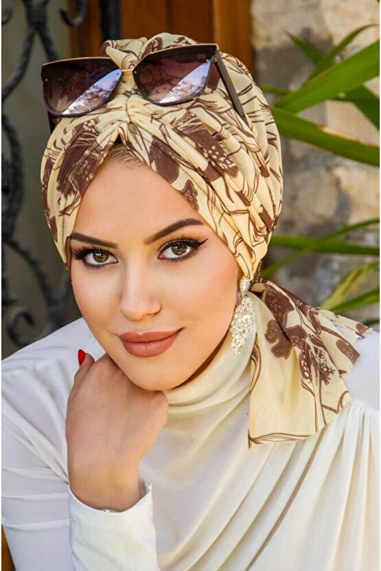 Uçuk Sarı Kahve Desen Tül Tokalı Bone