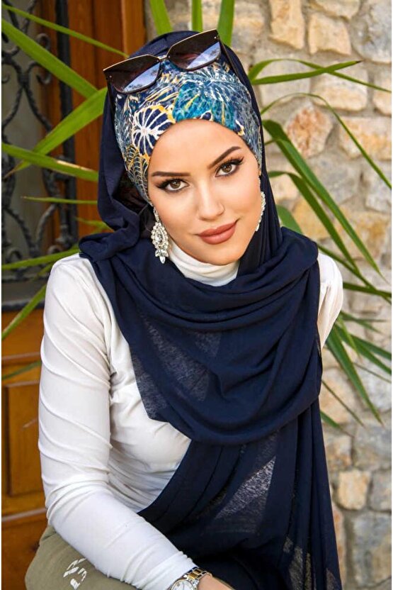 Lacivert Çiçek Desenli Bone Hazır Şal