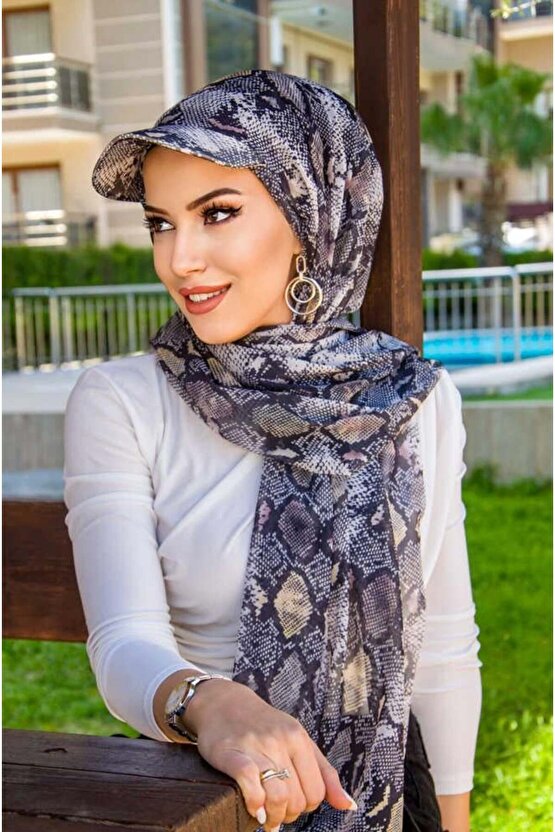 Siyah Yılan Derisi Desen Kepli Bandana Şapka Şal
