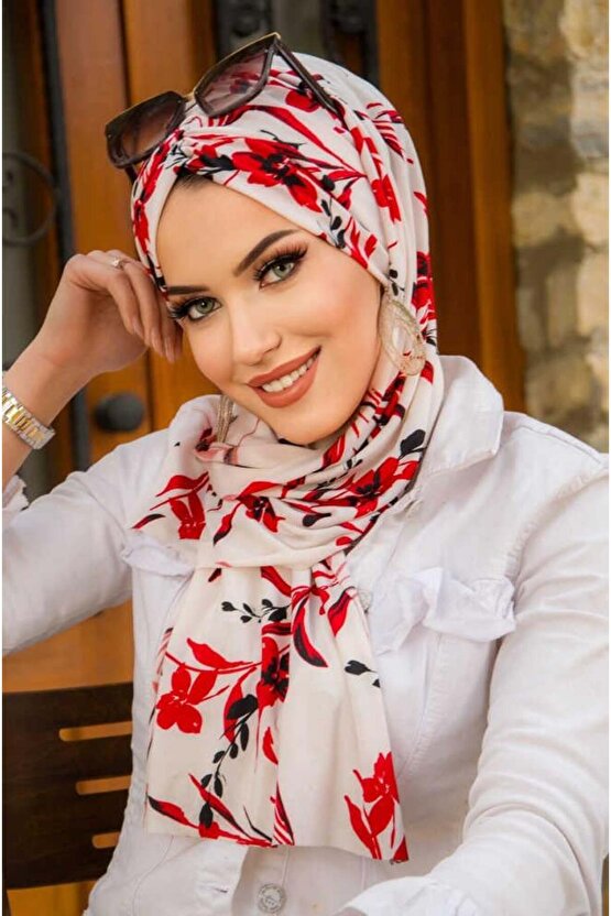 Kırmızı Beyaz Çiçek Desen Kelebek Bone Şal