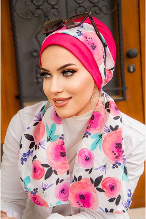 Fuşya Çiçek Desen Fularlı Bone