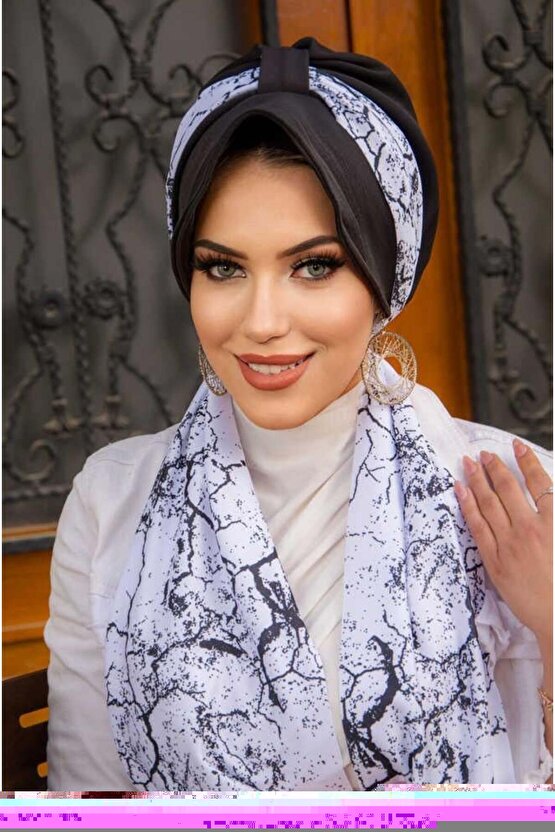 Siyah Beyaz Batik Desen Fularlı Şapka Bone
