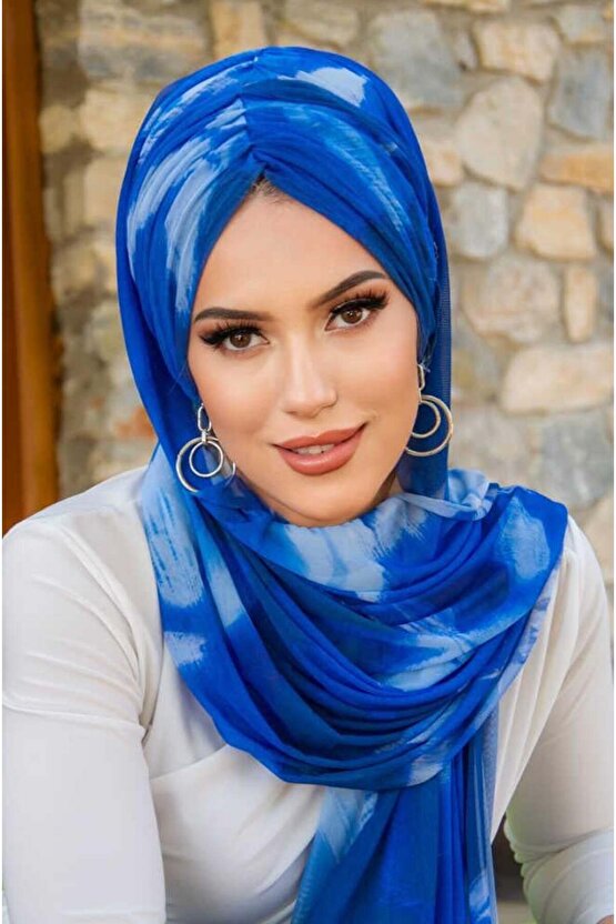 Saks Mavi Batik Desen Hazır Şal