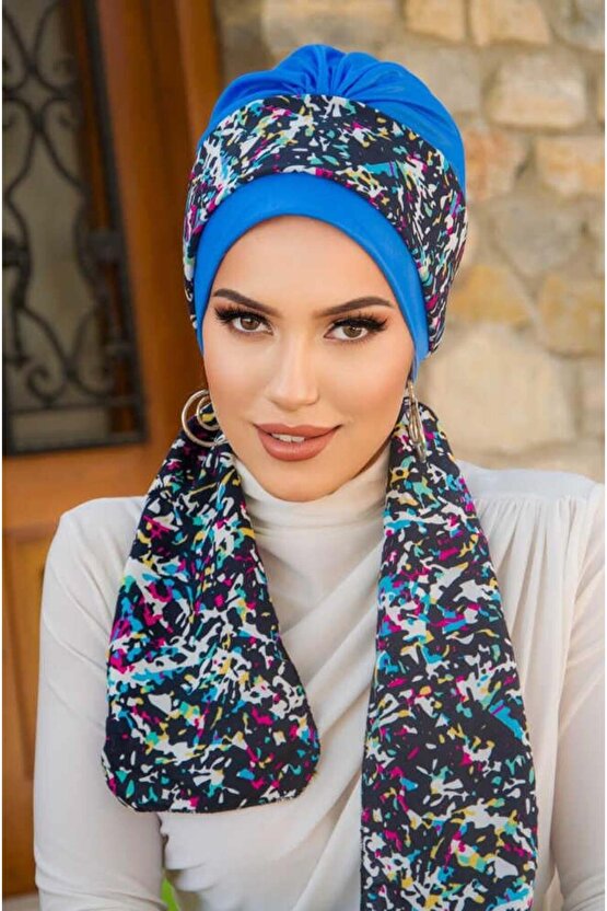 Mavi Siyah Puan Fularlı Bone