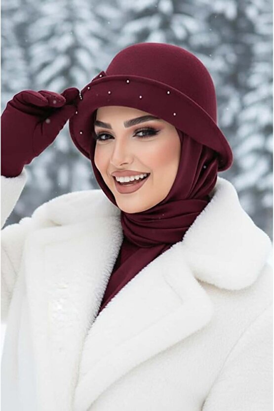 Bordo Taş Detay Vintage Şapka