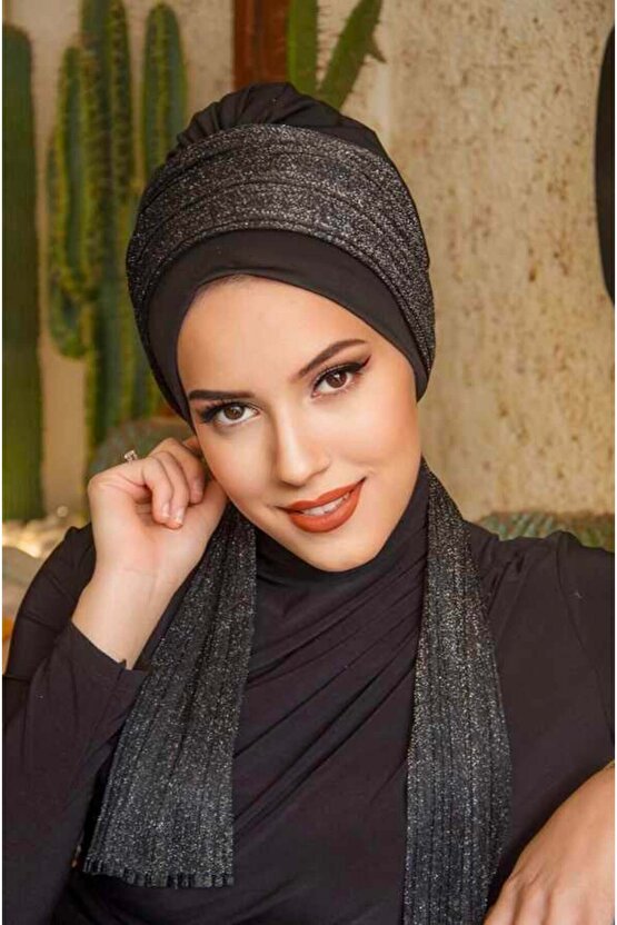 Siyah Gümüş Pilise Fularlı Bone