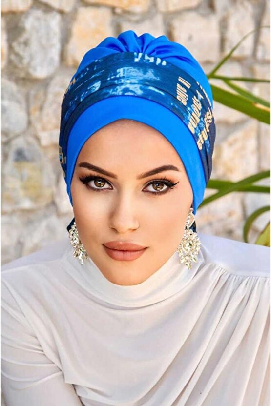 İndigo Mavi Puan Desen Bantlı Bone