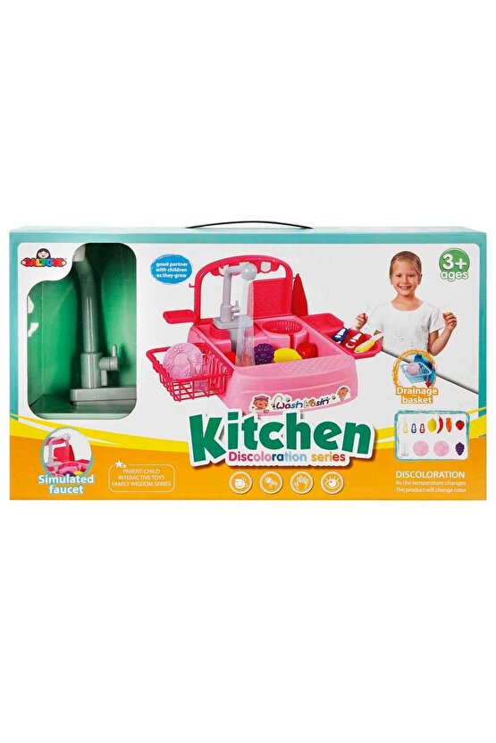 Pembe Su Akıtan Mutfak Lavabosu Seti - Çeşmeli Sesli Lavabo - Mutfak Seti - Su Akan Musluk - Akan Mu