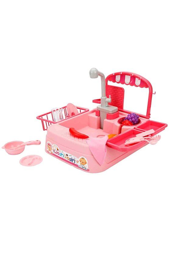 Pembe Su Akıtan Mutfak Lavabosu Seti - Çeşmeli Sesli Lavabo - Mutfak Seti - Su Akan Musluk - Akan Mu