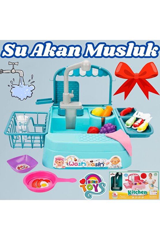 Mavi Su Akıtan Mutfak Lavabosu Seti - Çeşmeli Sesli Lavabo - Mutfak Seti - Su Akan Musluk - Akan Mus