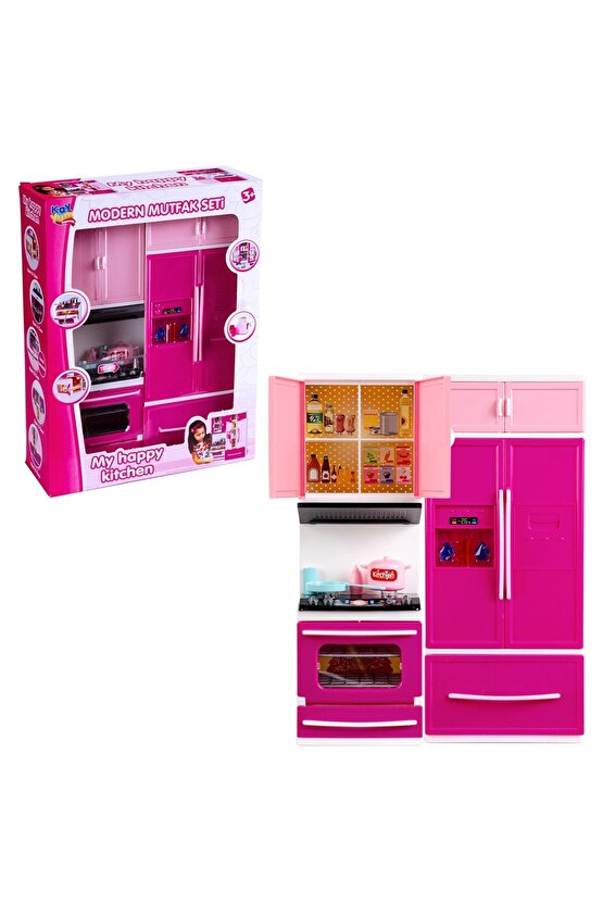 My Happy Kitchen İkili Mutfak Seti - Modern Mutfak Seti - Işıklı Sesli Mutfak Oyuncak - Buzdolabı, F