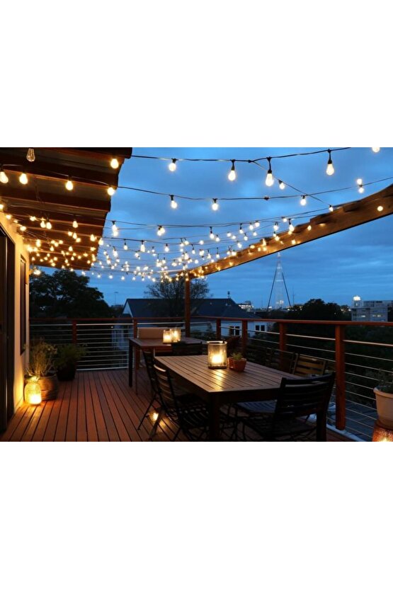 Beyaz Işık Ampullü, 5 Metre 10 Duylu Eklenebilir Bahçe, Kafe, Teras, Balkon Armatürü İç Dış Ve Mekan