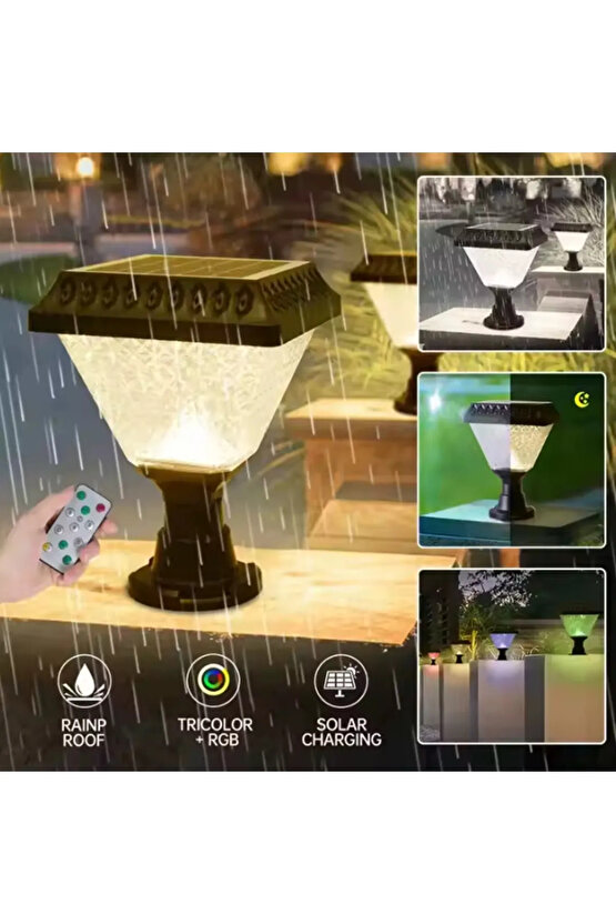 Güneş Enerjili, Kumandalı, RGB, Gün Işığı, Mavi, Kırmızı Işıklı Gece Sensörlü Bahçe Duvar Aplik