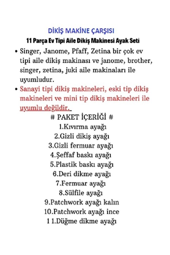 Sınger Beko Zetina Janome Brother Homemax Sınbo 11 Parça Ev Tipi Aile Dikiş Makinesi  Uyumlu Seti