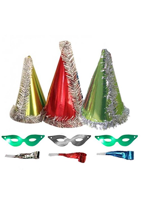 3 Adet Renkli 3Lü Yılbaşı Katyon Set; Parti Maskesi, Parti Gözlüğü ve Kaynana Dili