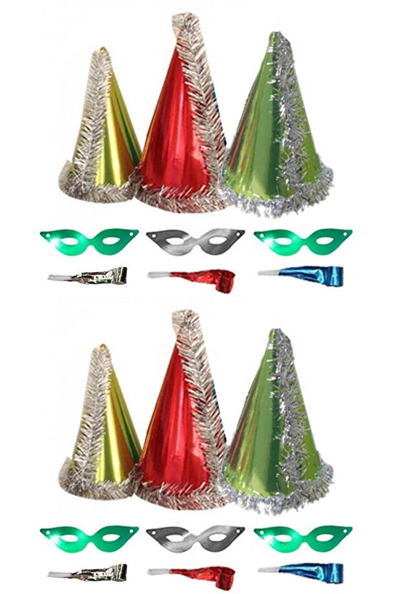 6 Adet Renkli 3Lü Yılbaşı Katyon Set; Parti Maskesi, Parti Gözlüğü ve Kaynana Dili