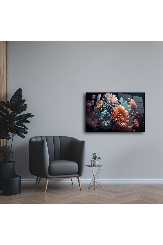 Canlı Turuncu ve Mavi Çiçek Temalı Sanatsal Duvar Posteri