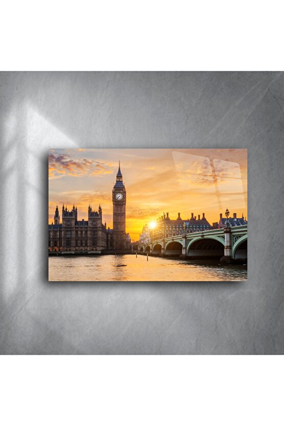 Big Ben Londra Gün Batımı Manzaralı Cam Tablo