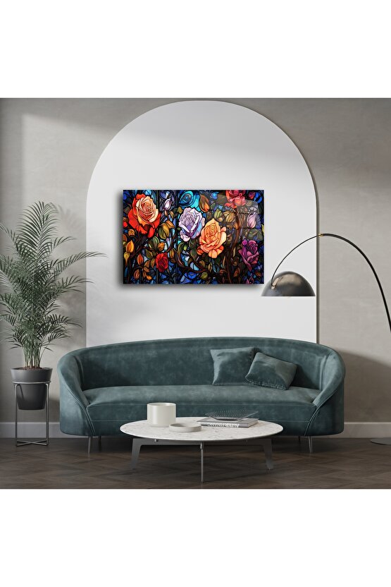 Renkli Çiçekli Gül Vitray Duvar Sanatı Paneli