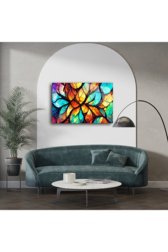 Renkli Yaprak Desenli Modern Cam Tablo