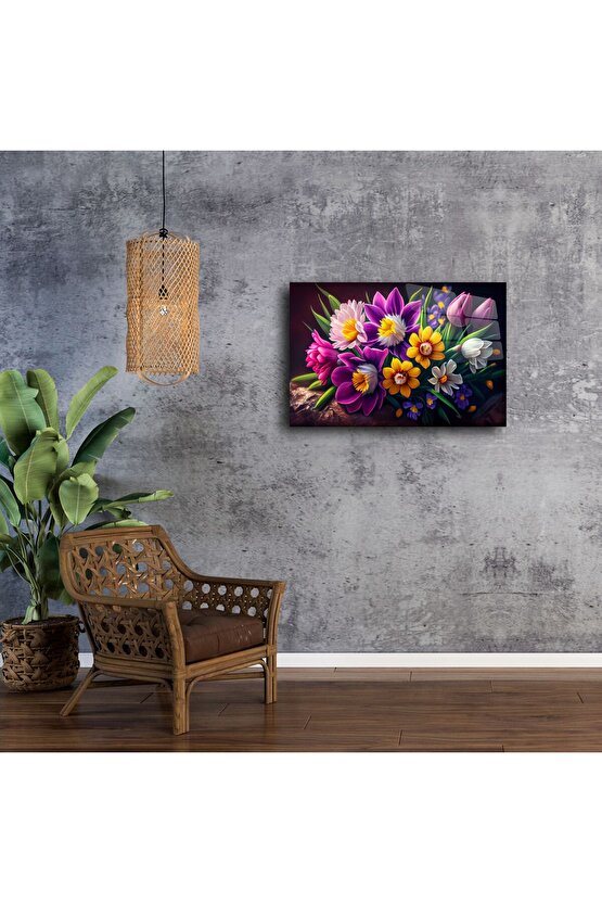 Çok Renkli Bahar Çiçekleri Cam Tablo