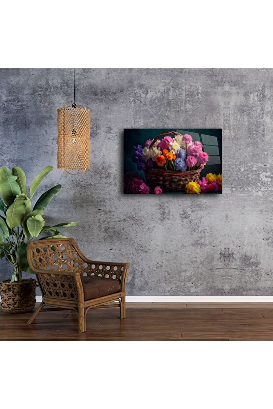 Dekoratif Renkli Çiçek Sepeti Cam Tablo