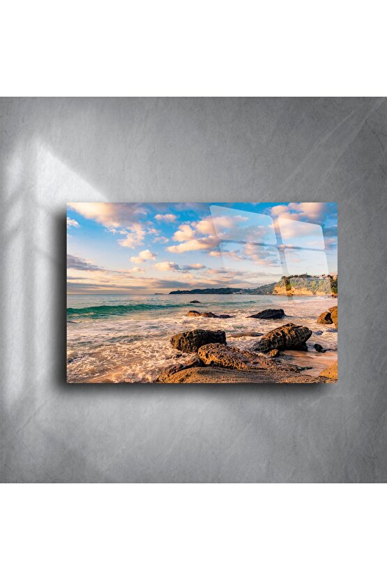 Serin Renkli Deniz Kıyısı Manzaralı Cam Tablo
