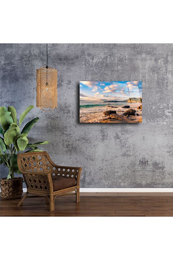 Serin Renkli Deniz Kıyısı Manzaralı Cam Tablo