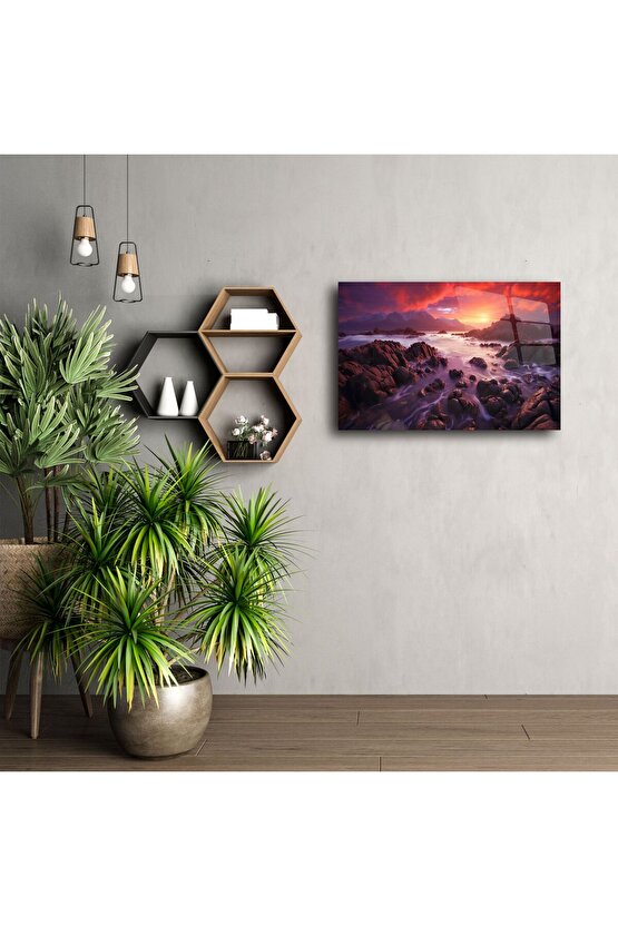 Kızıl Gün Batımı Manzaralı Cam Tablo