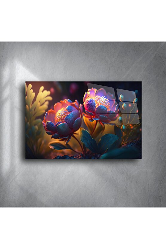 Premium Cam Tablo Renkli Çiçekler