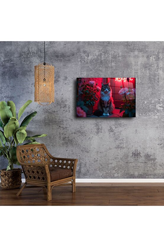 Neon Işıkta Güller Arasında Tüylü Kedi Cam Tablo