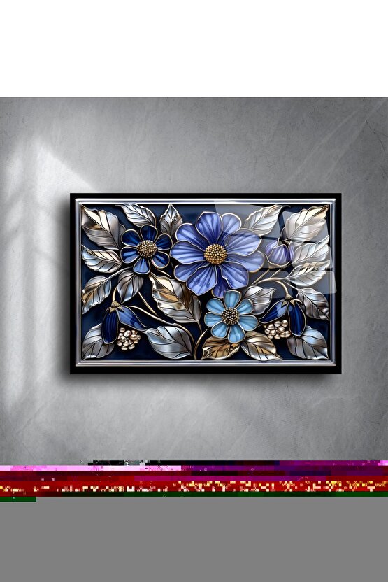 Lacivert Çiçekli Cam Tablo