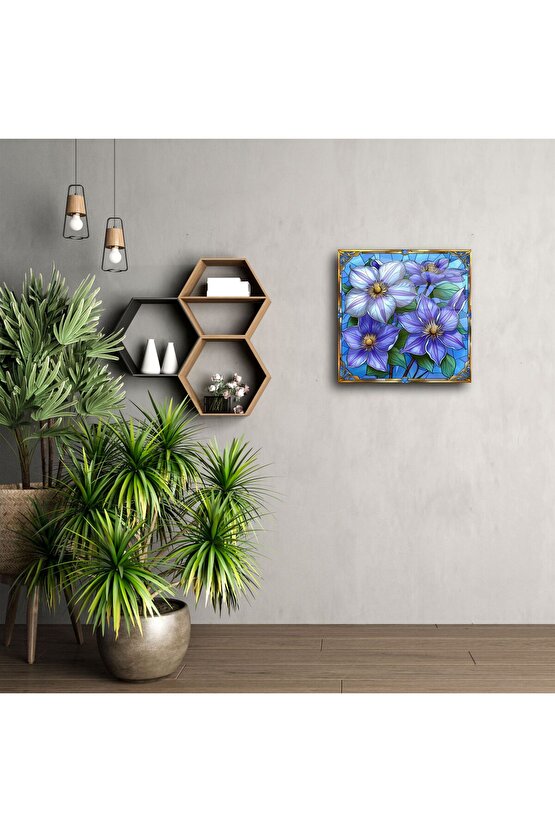 Mor ve Mavi Çiçekli Cam Tablo