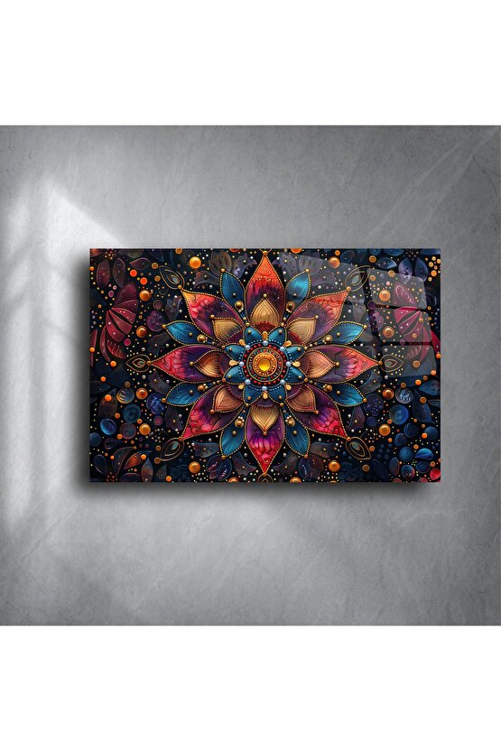 Mandala Desenli Renkli Cam Duvar Tablosu