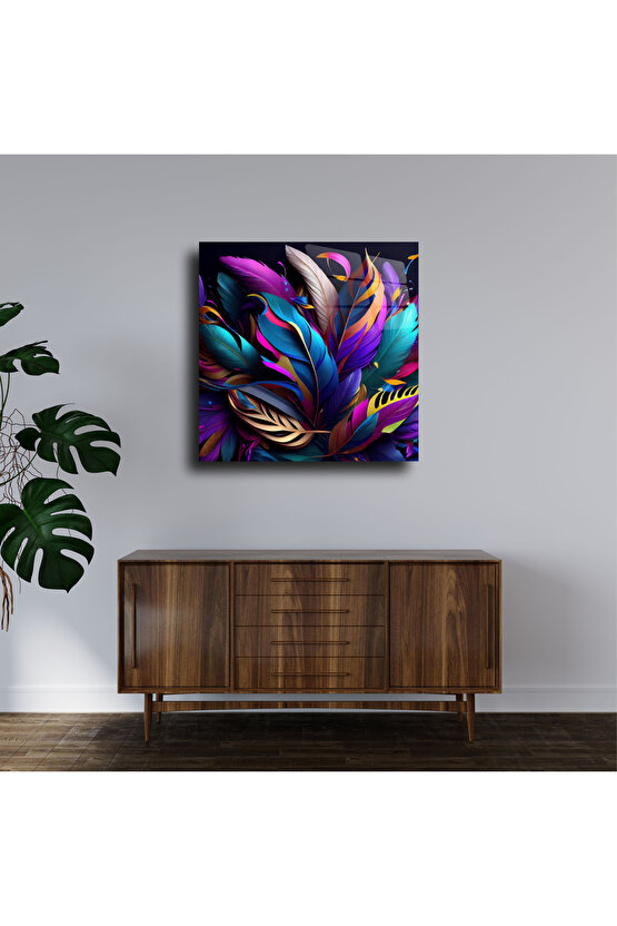 Mor Renk Tüyler ve Yapraklar Cam Tablo Duvar Dekoru